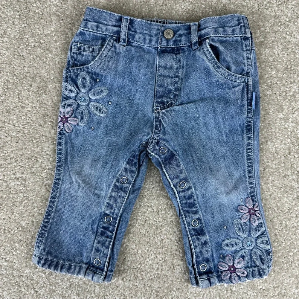 Vtg Carter's Kids Floral Embroidered Denim Jeans Baby Girls 9-12M Blue Snaps